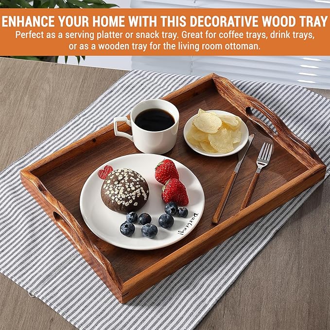 Nature Walnut Wooden Serving Tray with Handles, Solid Wood Food Tray for Coffee, Breakfast, Dinner, Ottoman,16.6x11.8x2.4 inches