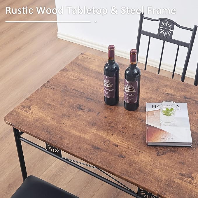 VECELO Kitchen Dining Room Table Sets for 4, 5 Piece Metal and Wood Rectangular Breakfast Nook, Dinette with Chairs, Retro Brown