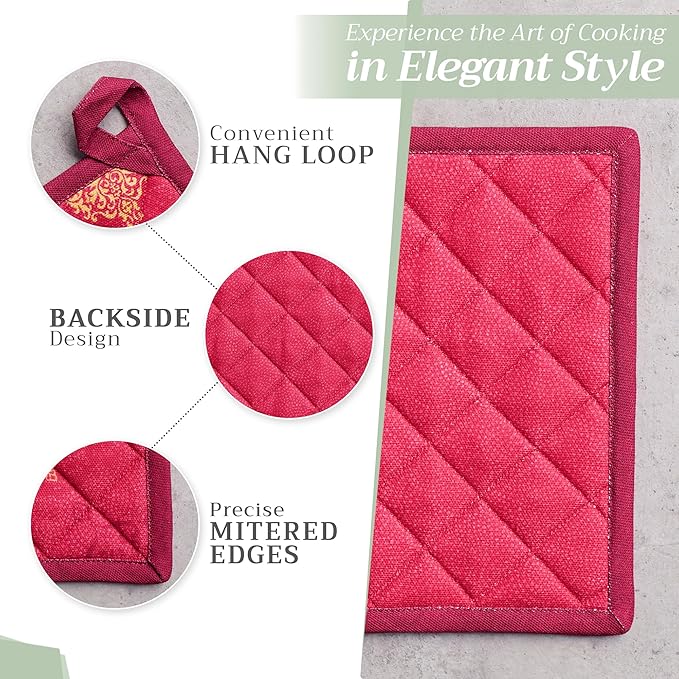 Maison d' Hermine Pot Holders 100% Cotton Heat Resistant Potholders 8" x 8" Hot Pads with Loop for Thanksgiving Christmas Decorations BBQ Cooking Baking Handling Hot Pans (Pack of 1, Versailles)