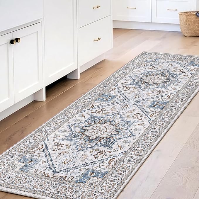 OPPODREAM Thin Entryway Rug 2x6, 2x6 Rug Runner, Neutral Washable Hallways Carpet 2 x 6 with Non Slip Backing, Low-Pile Bedside Carpet 2 x 6, Long, Faux Cashmere, Cream White & Blue & Light Brown