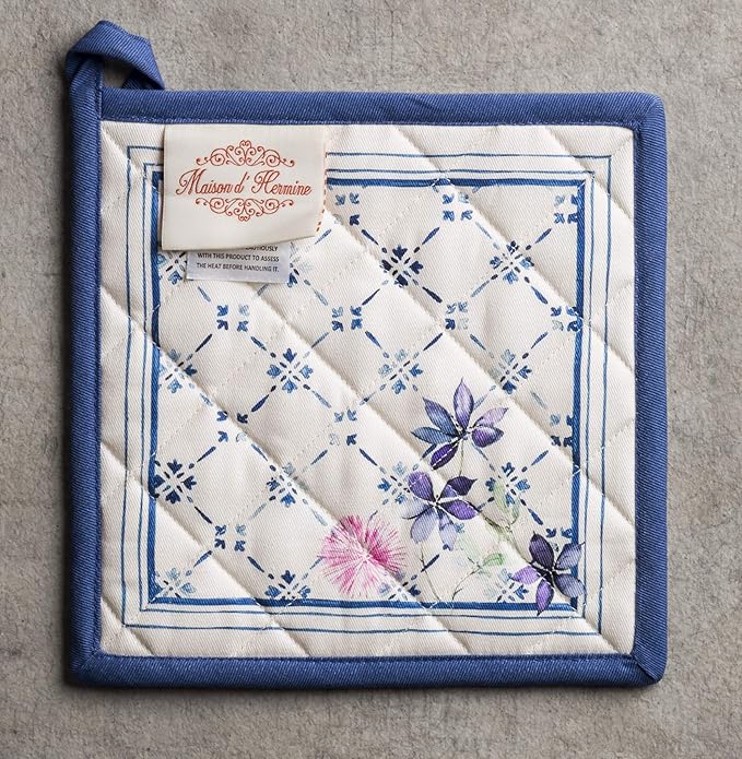 Maison d' Hermine Pot Holders Set 100% Cotton Heat Resistant Potholders 8" x 8" Hot Pads with Loop BBQ, Cooking, Baking, Grilling, Kitchen, Handling Hot Pans Spring/Summer (Pack of 2, Faience)