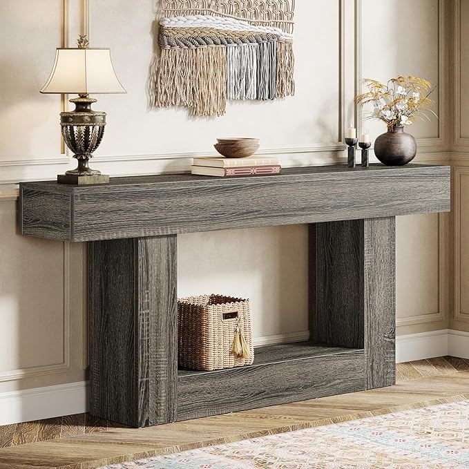 Tribesigns 63" Console Table, Farmhouse 2-Tier Entryway Table with U-Shaped Base, Narrow Long Wood Sofa Table Behind Couch Table for Living Room, Hallway, Foyer, Dark Gray