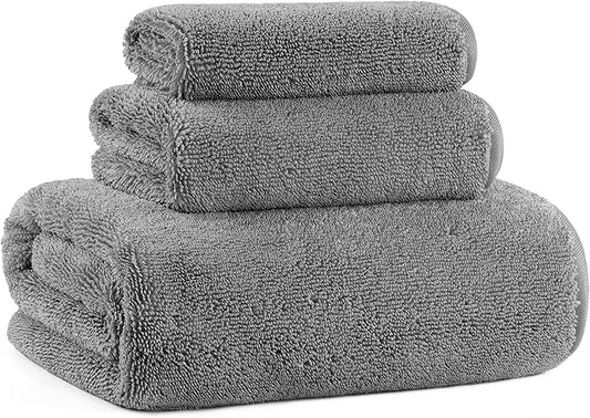 Ring Spun Terry Microfiber Bath Towel Set, 3 Piece, Oversize, Quick Dry, Lint Free, Includes Bath, face, and Hand Towels (Gray)