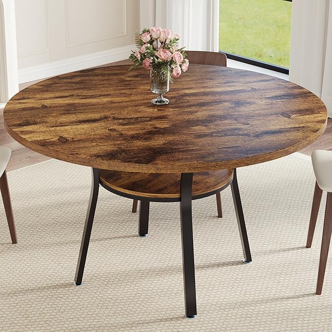 IDEALHOUSE Round Dining Table for 4-6, 47 Inch Kitchen Table with Sturdy Metal Frame, Space Saving Circle Dining Room Table for Small Space (Table Only), Rustic Brown