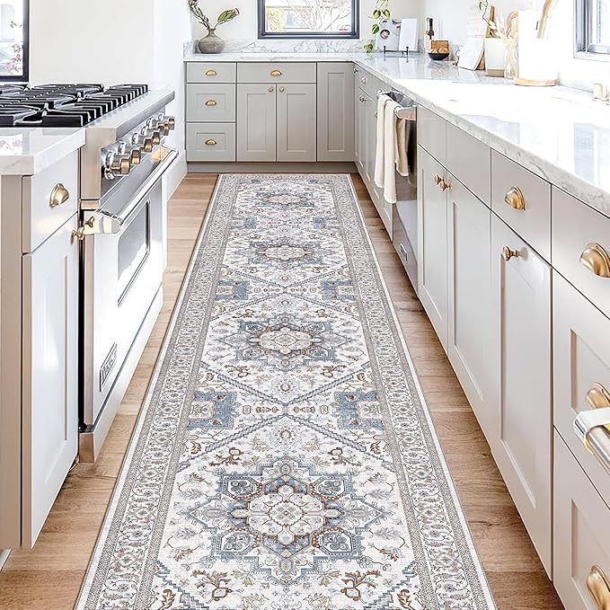 OPPODREAM Thin Entryway Rug 2x10, 2x10 Rug Runner, Neutral Washable Hallways Carpet 2 x 10 with Non Slip Backing, Low-Pile Bedside Carpet 2 x 10, Long, Faux Cashmere, Cream White & Blue & Light Brown