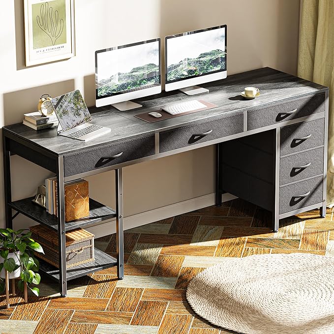 Huuger Computer Desk with 6 Drawers, 63 Inch Office Desk with Shelves, Reversible Gaming Desk, Corner Desk with Storage, for Home Office, Study, Living Room, Grey