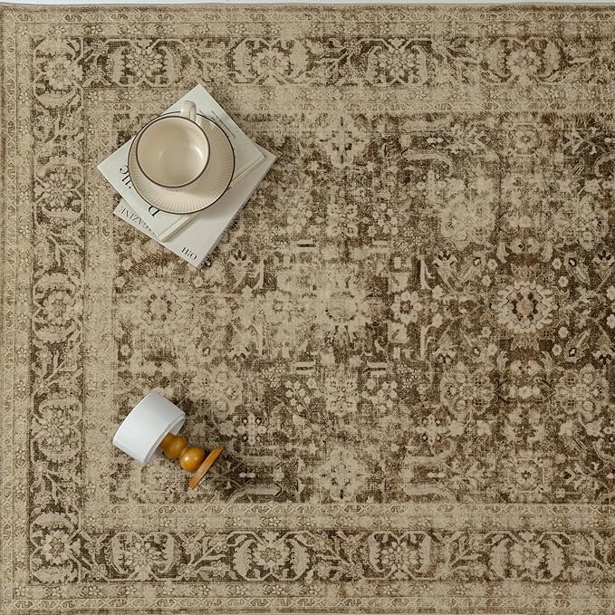 Brown 2x8 Runner Rug Hallway Non Slip Kitchen Vintage Distressed Long Carpet Indoor Machine Washable Traditional Floral Bedroom Accent Throw Rug for Office Laundry Bathroom Dining Living Room