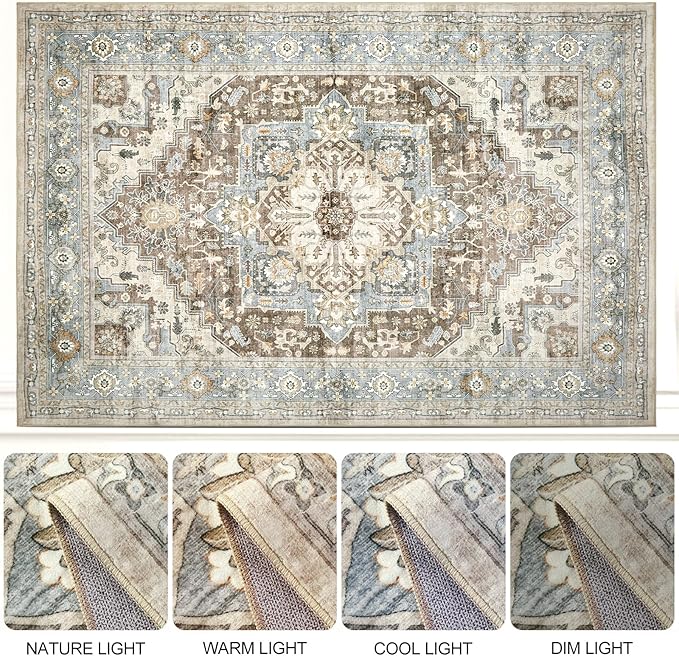 Area Rugs 5x7 - Machine Washable Vintage Oriental Soft Rug, Low Pile Thin Floor Carpet with Non Slip Backing for Living Room, Bedroom,Dorm, Kitchen, Indoor House, Office Rolling Chair