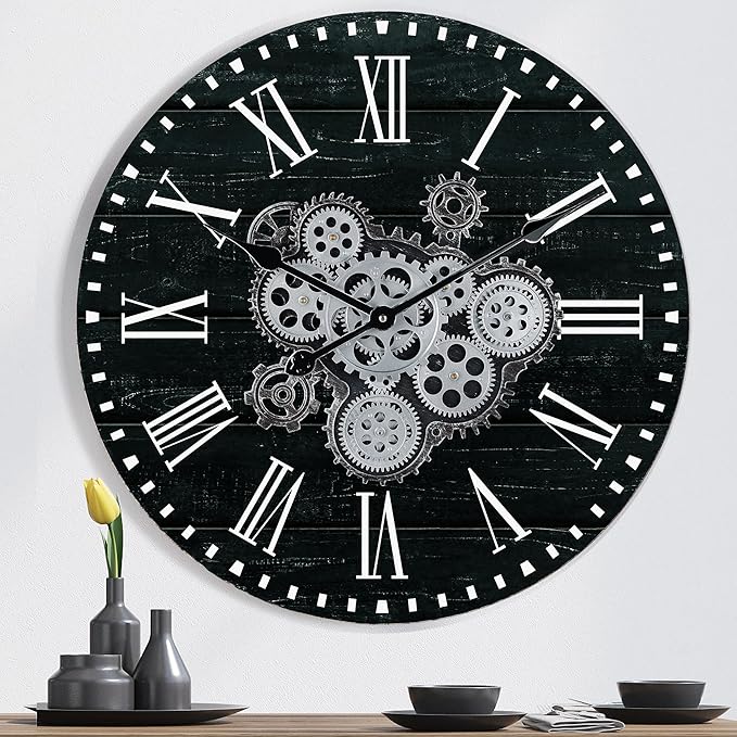 Lafocuse 23 Inch Wooden Large Wall Clock with Moving Gears, Roman Numeral, Black, Unisex