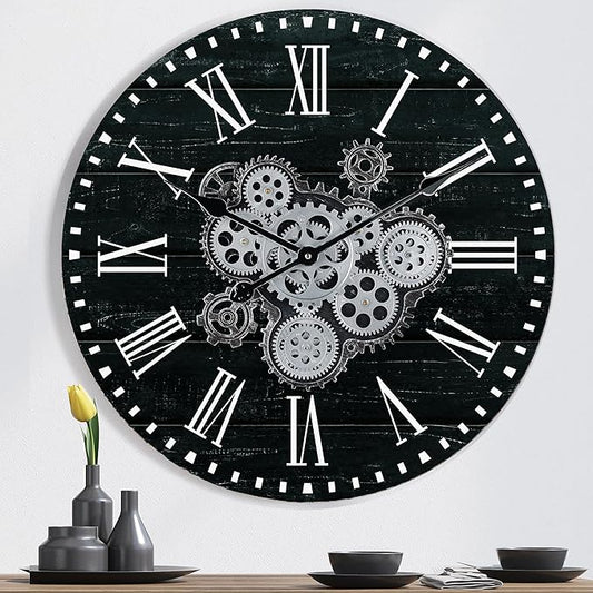 Lafocuse 23 Inch Wooden Large Wall Clock with Moving Gears, Roman Numeral, Black, Unisex