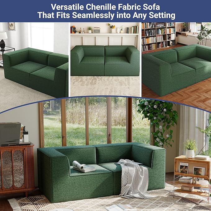76" Sectional Compressed Sofa Modular Couches Loveseat 2 Deep Seat,High-Density Foam No Assembly Required,2-Piece(2xCorner) for Living Room Fabric Chenille Green