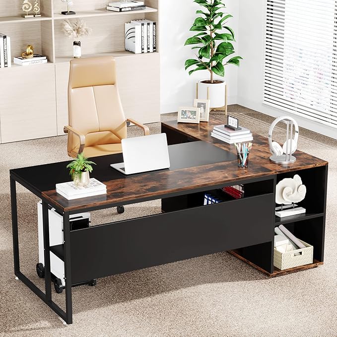 LITTLE TREE Large Computer Desk with File Cabinet, 71 inch Executive Desk L Shaped Office Desk, Business Furniture Desk Workstation for Home Office, Brown