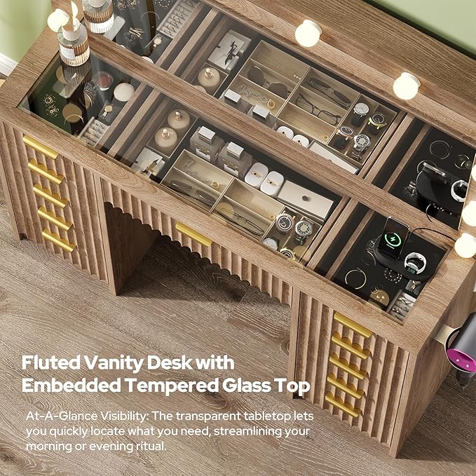 11 Drawers Fluted Vanity Desk with Glass Top, 47" Makeup Vanity with Large Mirror and 12 LED Lights, Dressing Table with Power Outlet for Bedroom, Natural