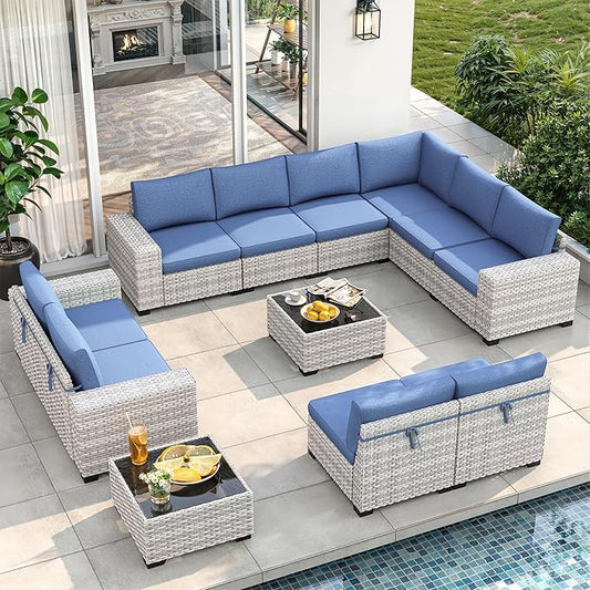 12 Piece Outdoor Wicker Rattan Sectional Sofa Set, 10-Seats Patio Furniture Conversation Set with 4" Thickened Cushions & Coffee Table, All-Weather PE Rattan for Garden, Backyard, Porch, Blue