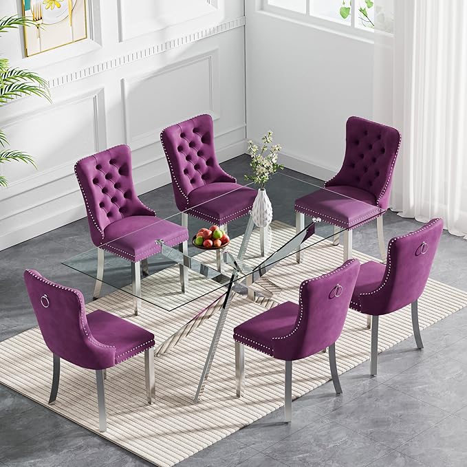 Goujxcy 7 Piece Glass Dining Table Set Modern Glass Dining Table Set for 6, 61" Rectangular Silver Kitchen Table and 6 Velvet Upholstered Chairs, Silver Table & Purple Chair