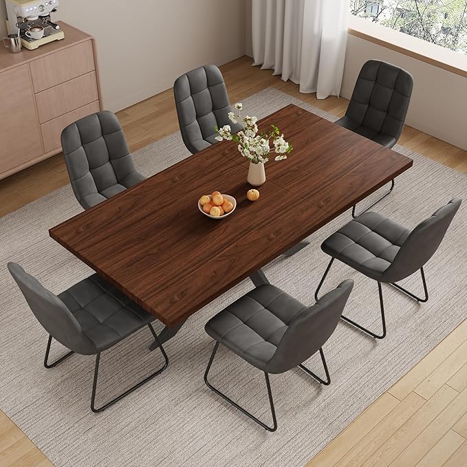 Extendable Dining Table Set for 6–8 People, Modern Walnut Rectangular Dining Table 63"-79" with 6 Leather Chairs, Space-Saving Expandable Kitchen Table Set with Sturdy Metal Frame for Dining Room