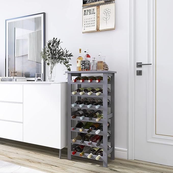 SMIBUY Bamboo Wine Rack, 28 Bottles Display Holder with Table Top, 7-Tier Free Standing Storage Shelves for Kitchen, Pantry, Cellar, Bar (Grey)