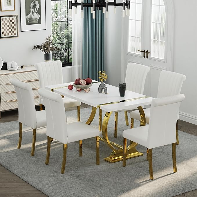 Asday Modern Dining Table with Gold Stainless Steel Metal U-Base in White Gold