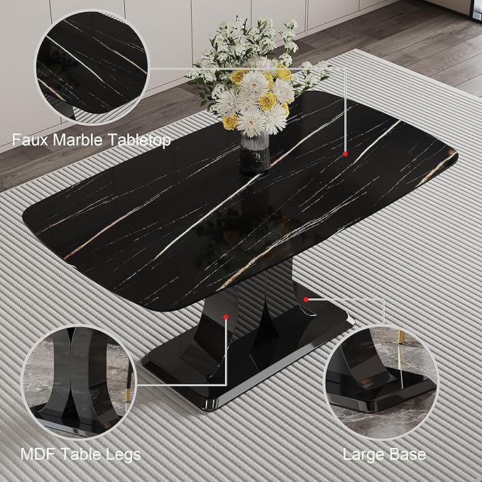 Modern Dining Table Set for 6, Marble Kitchen Table Chair Set for 6, Rectangular Kitchen Table with 6 Pu Leather Upholstered Chair for Dining Room (Black Table with 6 Black Chairs)