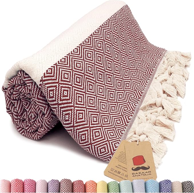 Bazaar Anatolia Turkish Beach Towel – 100% Cotton, Quick Dry, Sand Free Towel for Bathroom, Camping, Travel, Burgundy – Oversized 71x39 Inches – Diamond Maroon