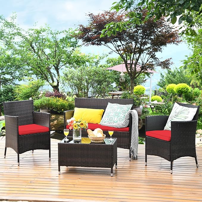 Tangkula 4 PCS Patio Rattan Conversation Set, Outdoor Wicker Furniture with Tempered Glass Coffee Table & Thick Cushion, Rattan Chair Wicker Set for Garden, Lawn, Poolside and Backyard (1, Red)