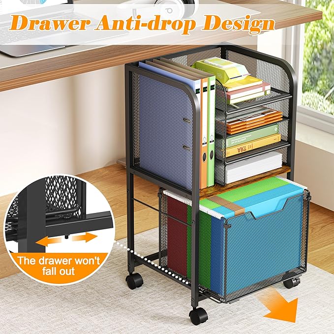 5-Tier Rolling File Cart Under Desk with Drawers, File Cabinet Organizer for Hanging File Folders, Letter-Size File Storage with Wheels, Multi-Layer Mobile Filing Cabinet for Under Desk Storage