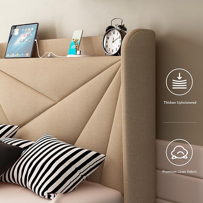 iPormis Twin Size Bed Frame with Charging Station, Linen Platform Bed Frame with Wingback Headboard Upholstered Bedframe, Solid Wood Slats Support, No Box Spring Needed, Easy Assembly, Beige