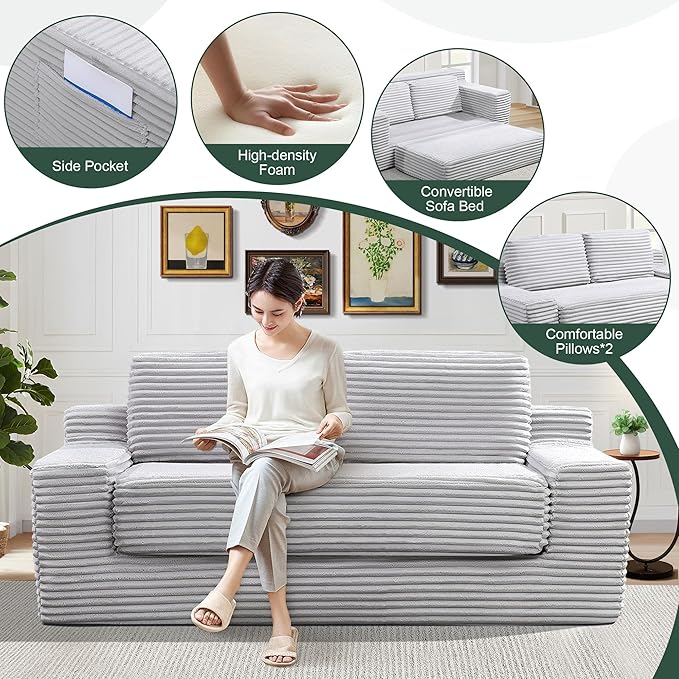 70" Cloud Loveseat Sofa Couch in a Box, 2 Seater Boneless Couch, Convertible Pull Out Sofa Bed with Pillows, No Assembly, Memory Foam, Modern Small Couches for Small Spaces (Gray-Folding)