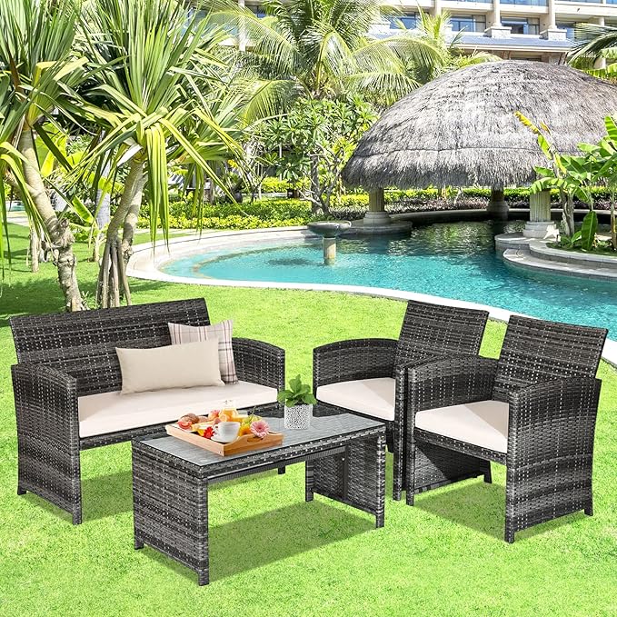 Goplus 4-Piece Rattan Patio Furniture Set, Outdoor Wicker Conversation Sofa with Weather Resistant Cushions and Tempered Glass Tabletop for Lawn Backyard Pool Garden (Beige)