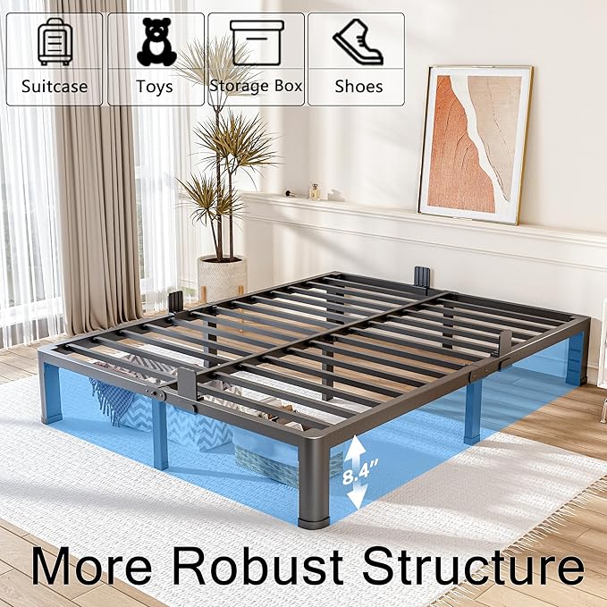 10 Inch California King Bed Frame with Rounded Corner and Headboard Hole Mattress Retainers 3500 LBS Metal Heavy Duty Steel Slats Support No Box Spring Needed Platform Noise Free Easy Assembly