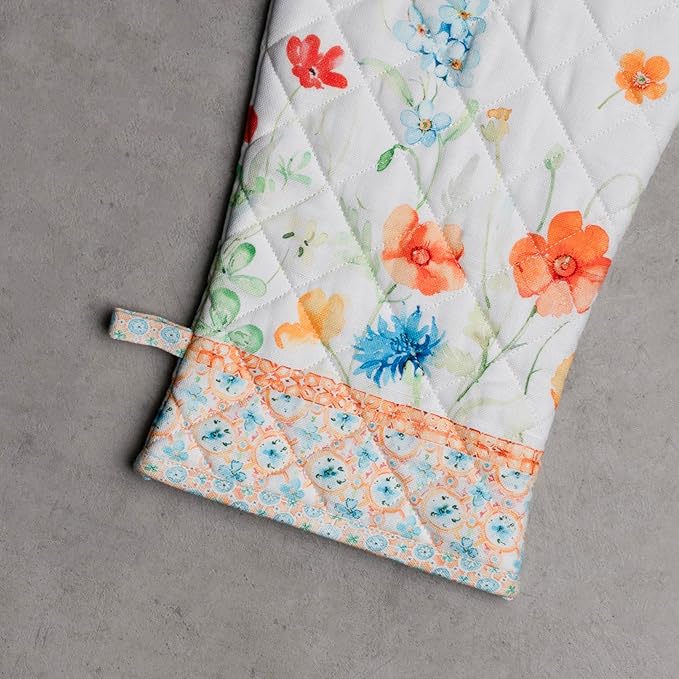 Maison d' Hermine 100% Cotton Oven Mitt & Pot Holder Set (7.5"x13" & 8"x8") Heat Resistant BBQ Cooking Gloves with Loop, Baking, Grilling, Kitchen, Handling Hot Pans Spring/Summer (Summer Whisper)