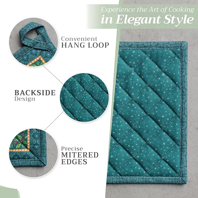 Maison d' Hermine 100% Cotton Oven Mitt & Pot Holder Set (7.5"x13" & 8"x8") Heat Resistant BBQ Cooking Gloves with Loop for Thanksgiving Christmas Decorations Handling Hot Pans (Hygge Christmas)