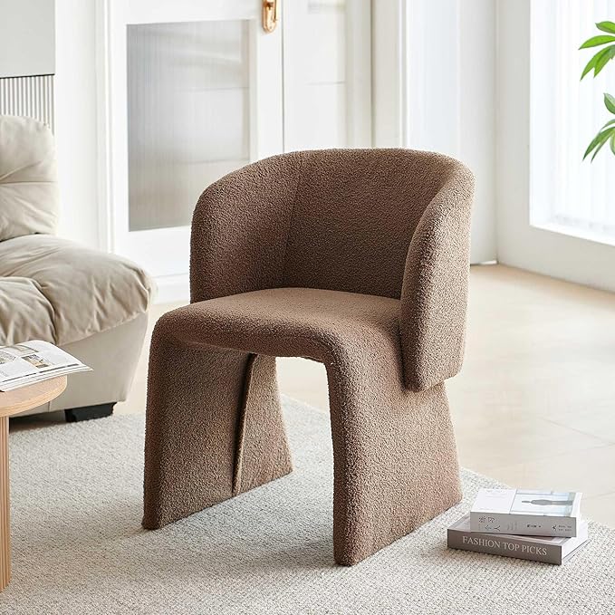 Modern Dining Chair Brown Upholstered Barrel Home Kitchen Chair with Metal Frame, Comfy Accent Chair Teddy Velvet Single Sofa Chair for Living Room,Bedroom