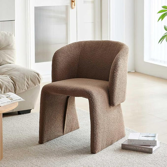 Modern Dining Chair Brown Upholstered Barrel Home Kitchen Chair with Metal Frame, Comfy Accent Chair Teddy Velvet Single Sofa Chair for Living Room,Bedroom