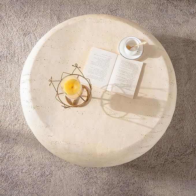35.43" MgO Round Centre Coffee Table Vintage Faux Stone Sofa Pre-Modern Coffee Tables for Living Room Office Apartment,Beige