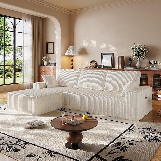 108" Sectional Couches for Living Room, Modular Sectional Sofa with L-Shape Chaise, Boneless Couch, Comfy Corduroy Fluffy Couch with Deep Seat and Side Pockets, No Assembly Required