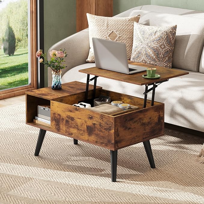 WLIVE Coffee Table for Living Room, Small Coffee Table with Storage, Lift Top Modern Wooden Dining Center Table with Storage Shelf & Hidden Compartment, 31.5" Rustic Brown