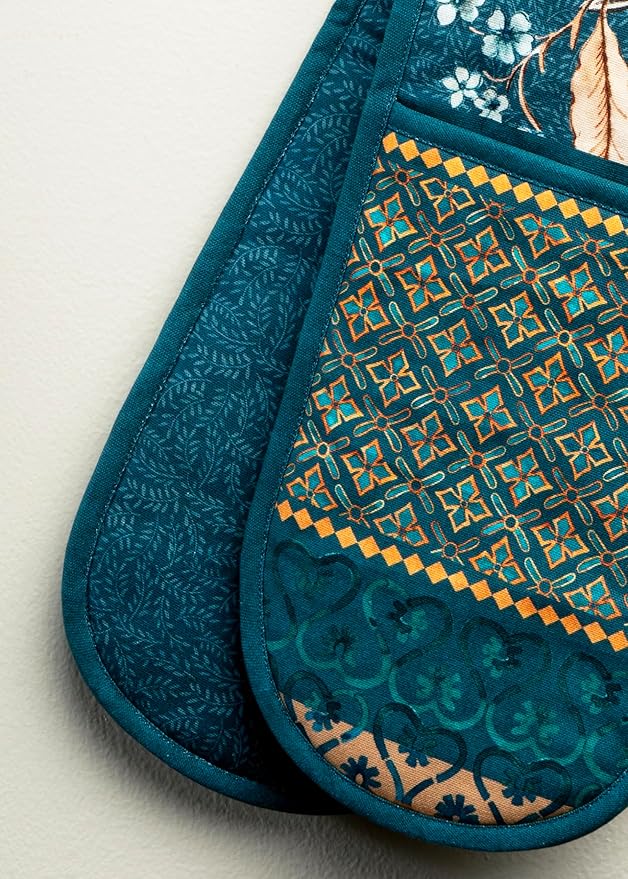 Maison d' Hermine Double Oven Mitt (7" x 35") 100% Cotton Heat Resistant BBQ Cooking Gloves with Loop for Thanksgiving Christmas Decorations Baking Cooking Handling Hot Pan (Luxury Loft - Dark Teal)