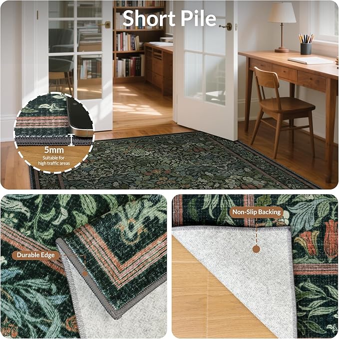 GENIMO Floral Washable Runner Rug 2’6”x8’, Non-Slip Long Hallway Carpet for Entryway, Kitchen, Indoor Floor Use, Vintage Boho Soft Thin Rug Décor, Dark Green