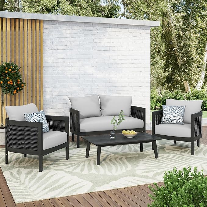 Merax 4-Piece Outdoor Acacia Wood Wicker Conversation Set with Loveseat,2 Chairs and Coffetable for Backyard Garden