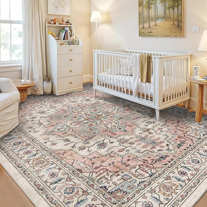 5x7 Area Rugs for Living Room Ultra-Soft Washable Rug Vintage Distressed Boho Area Rug, Non-Slip Retro Print Low Pile Stain Resistant Carpet for Bedroom Dining Room Kitchen Office