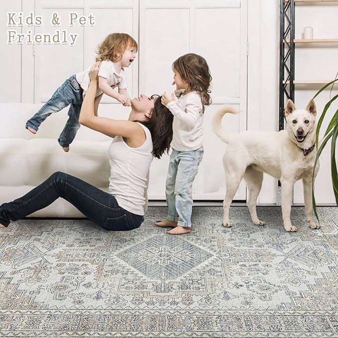 Machine Washable Rugs 6x9 Area Rugs for Living Room,Ultra Soft Low Pile Retro Rugs for Bedroom,Dining Room,Large Non Slip Carpet Vintage Distressed Accent Rug for Farmhouse Office Home Decor