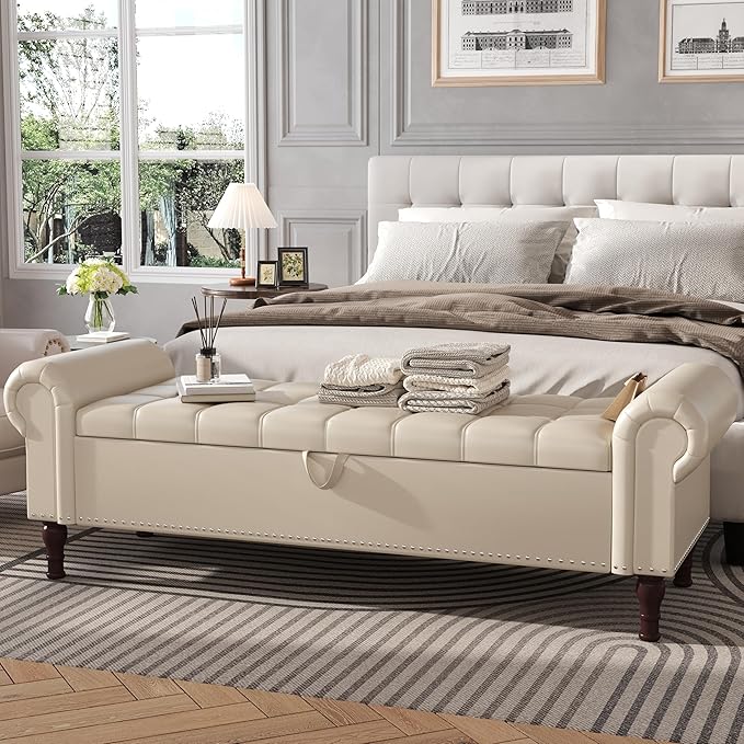Apicizon 60” Bench with Storage, Faux Leather Ottoman Bench with Rolled Arm & Vintage Rivets, End of Bed Bench for Bedroom, Living Room, Entryway, Beige+Brown Legs