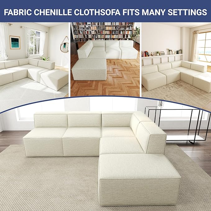 97"+57" 5-Piece Modular Sectional Sofa Convertible Cube Thick Couch 2 3 4 Seat Set, L-Shape, No Assembly for Living Room (3xArmless+1xCorner+1xOttoman) Fabric Chenille Beige White