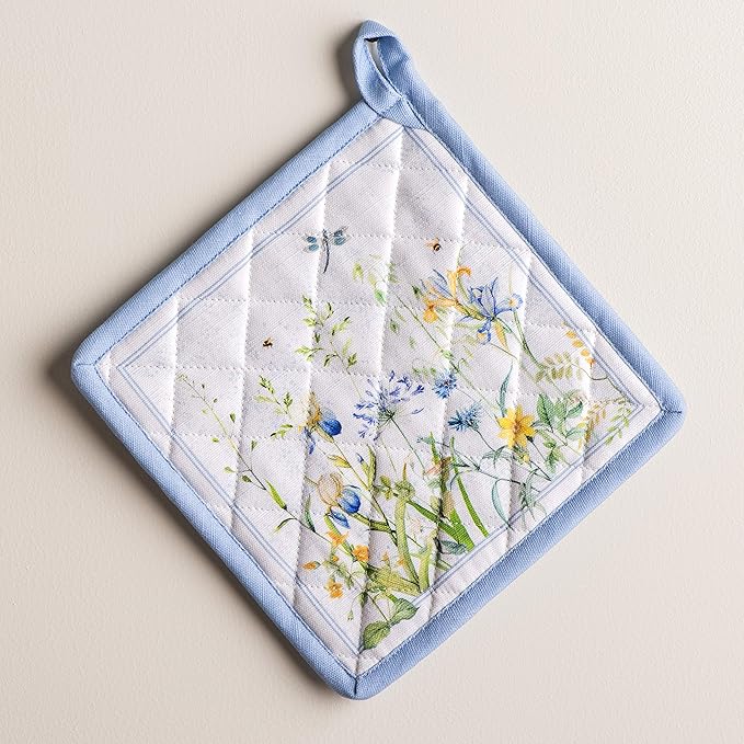 Maison d' Hermine Pot Holders 100% Cotton Heat Resistant Potholders 8" x 8" Hot Pads with Loop BBQ, Cooking, Baking, Grilling, Kitchen, Handling Hot Pans Spring/Summer (Pack of 1, Fleurs De Mai)