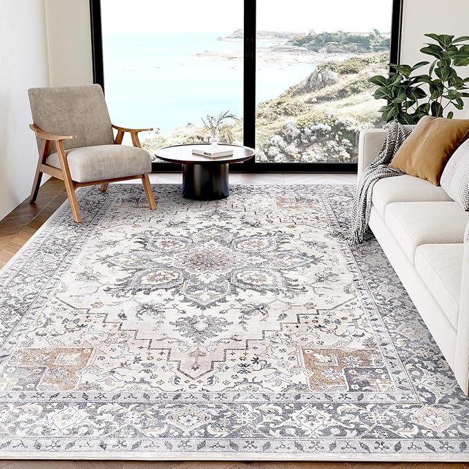 AMADA HOMEFURNISHING 5x7 Area Rugs, Washable Living Room Rug Low-Profile with Non-Slip Backing & Durable Edge Binding, Vintage 5x7 Rugs for Living Room, Bedroom, Dinning Room