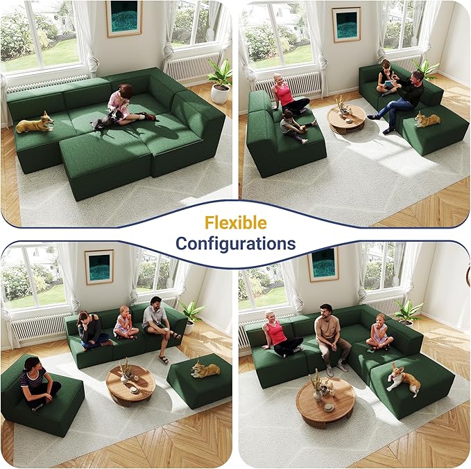 38“ Modular Sectional Sofa Convertible Cube Compressed Couch Seat Set, Combine L-Shaped U-Shaped, Free Assembly, Space-Saving for Living Room, Thick Foam Fabric Chenille Green (Only Ottoman)