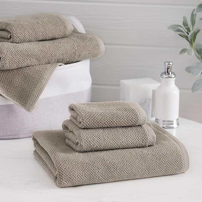 Welhome Franklin 100% Cotton Popcorn Textured Towel Set - 6 Piece 600 GSM, Soft & Plush, 2 Bath Towels, 2 Hand Towels, 2 Washcloths, Taupe