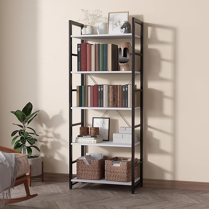 24" Bookshelf, 5-Tier Ladder Shelf, Industrial Bookcase, Wooden and Metal Storage Rack, Shelving Unit for Living Room Entryway Office, White Book Shelves