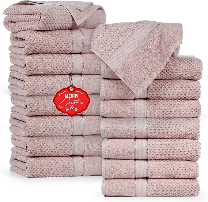 Ample Decor Bath Towels for Bathroom Set of 16 100% Cotton Popcorn Textured, Machine Washable - Soft Pink - 30 X 54 Inch
